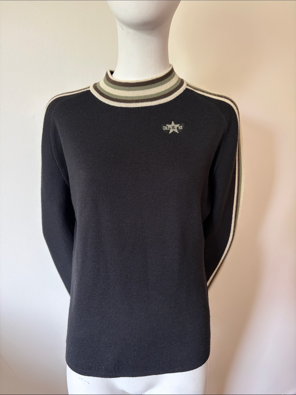 Cold As Ice Black Knit Wool Blend Sweater with Stripe Trim Size M